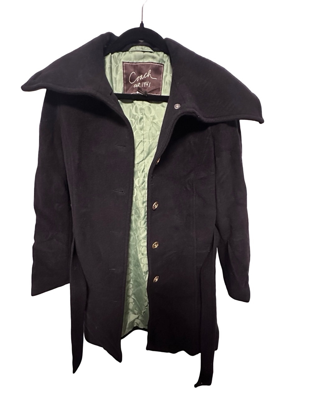 Coach Black Wool Blend Coat with Green Satin Lining